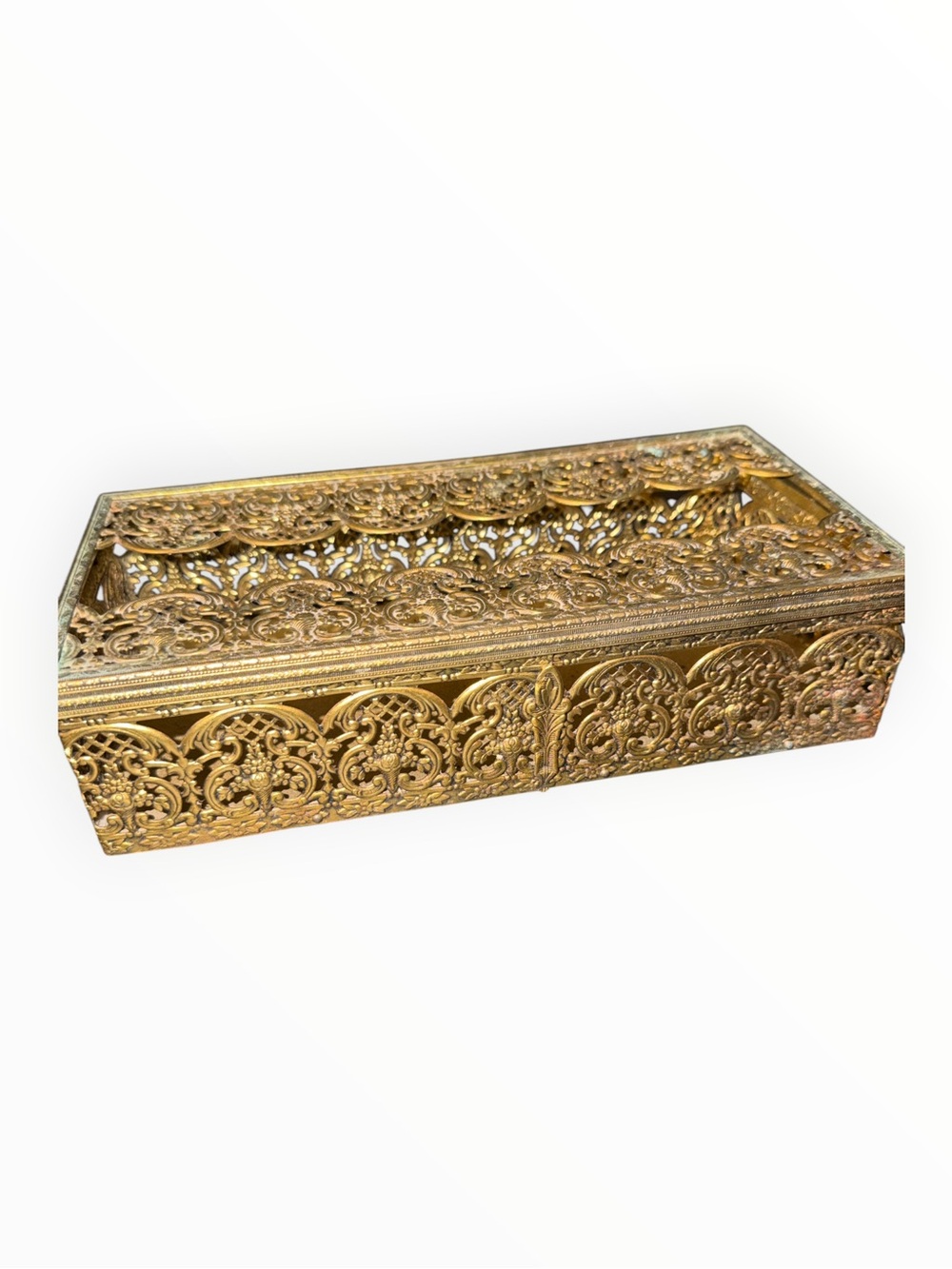 Vintage Hollywood Regency Ornate Gold Filigree Rectangular Tissue Box Cover